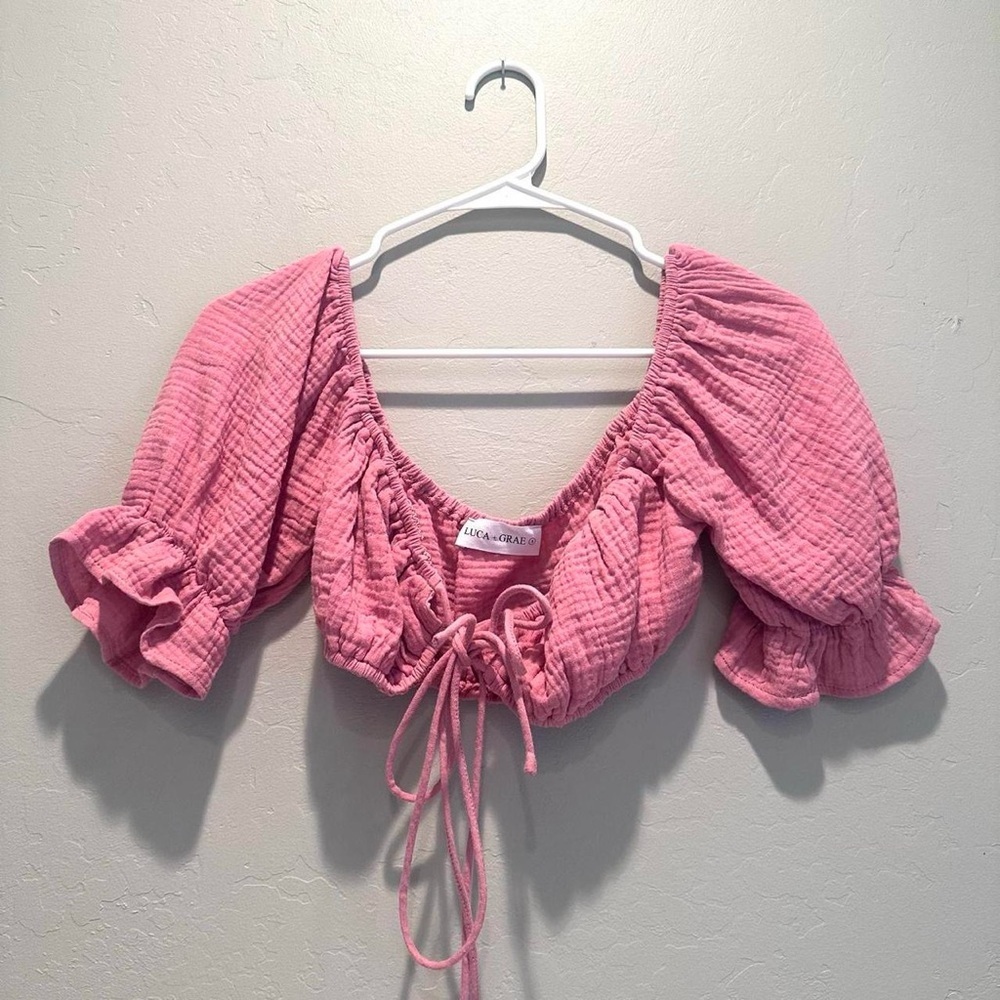 Luca + Grae Pink‎ Tie Front Crop Top Puff Sleeves Size Small Cruise Summer